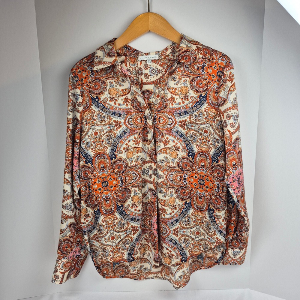 Maison d'Amelie Paris Blouse M Orange Paisley Medallion Print Long Sleeve Top